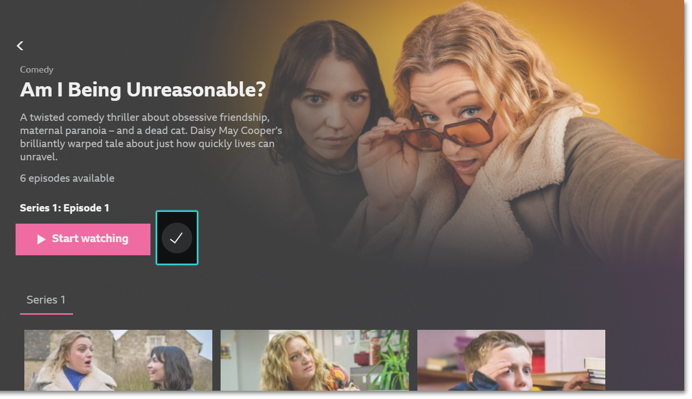 Image of the iPlayer TV app open on a programme which has been added to the user's Watchlist. The 'tick' icon is highlighted.