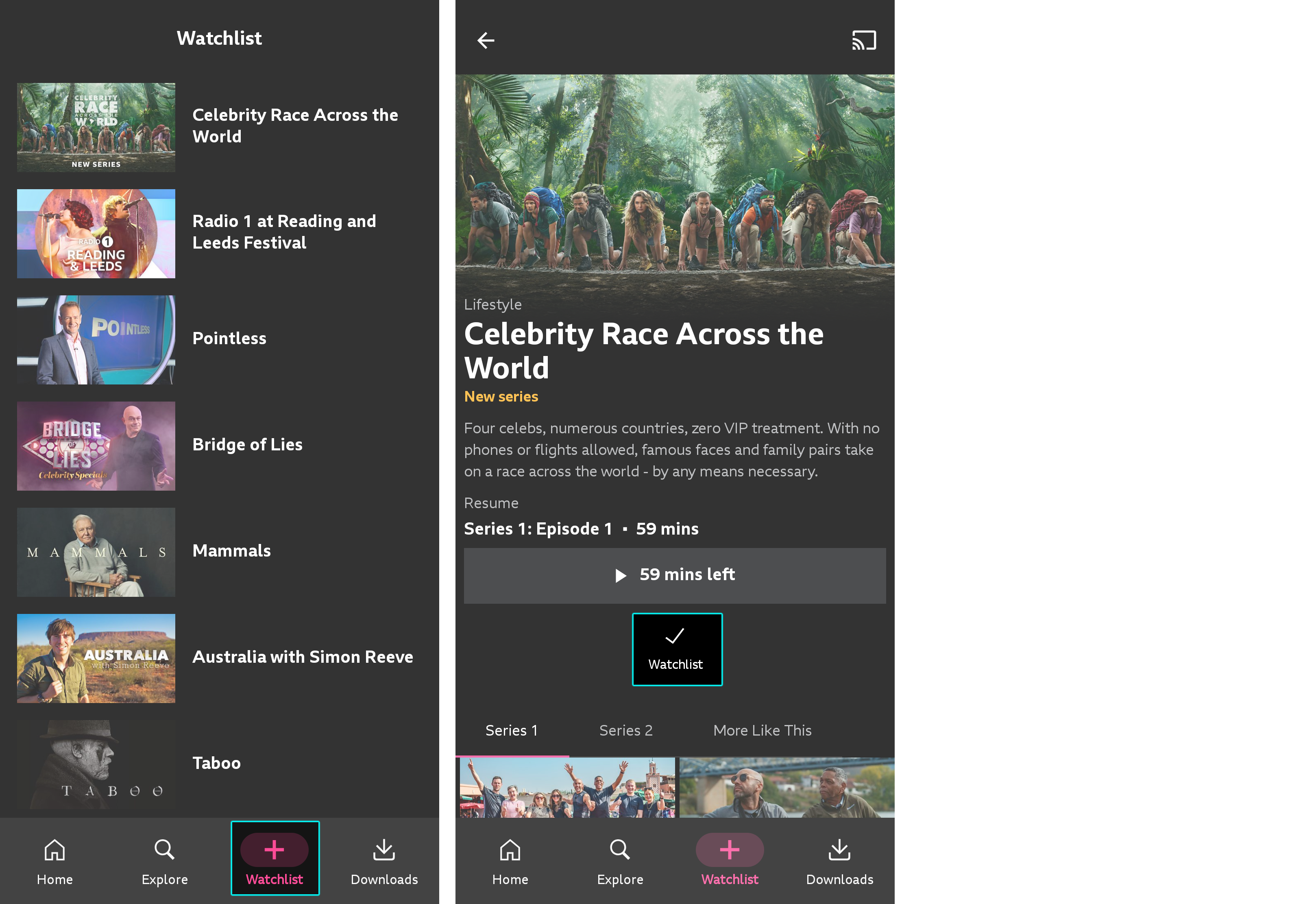 Two screenshots from the iPlayer mobile app. The first is of the Watchlist, with the Watchlist icon at the bottom highlighted. The second is a programme page with the ticked Watchlist icon highlighted.