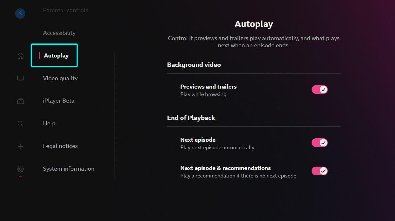 Image of the Autoplay screen on the iPlayer TV app. The Autoplay menu option is highlighted and all options are enabled