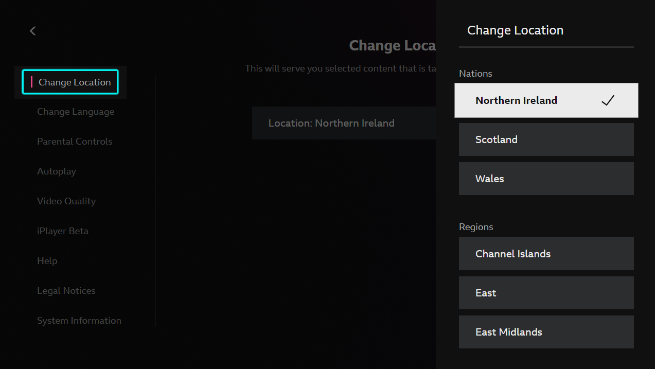 Image of the Settings page on the iPlayer TV app. The Change Location option is highlighted and the country and county options are visible on the left-hand side
