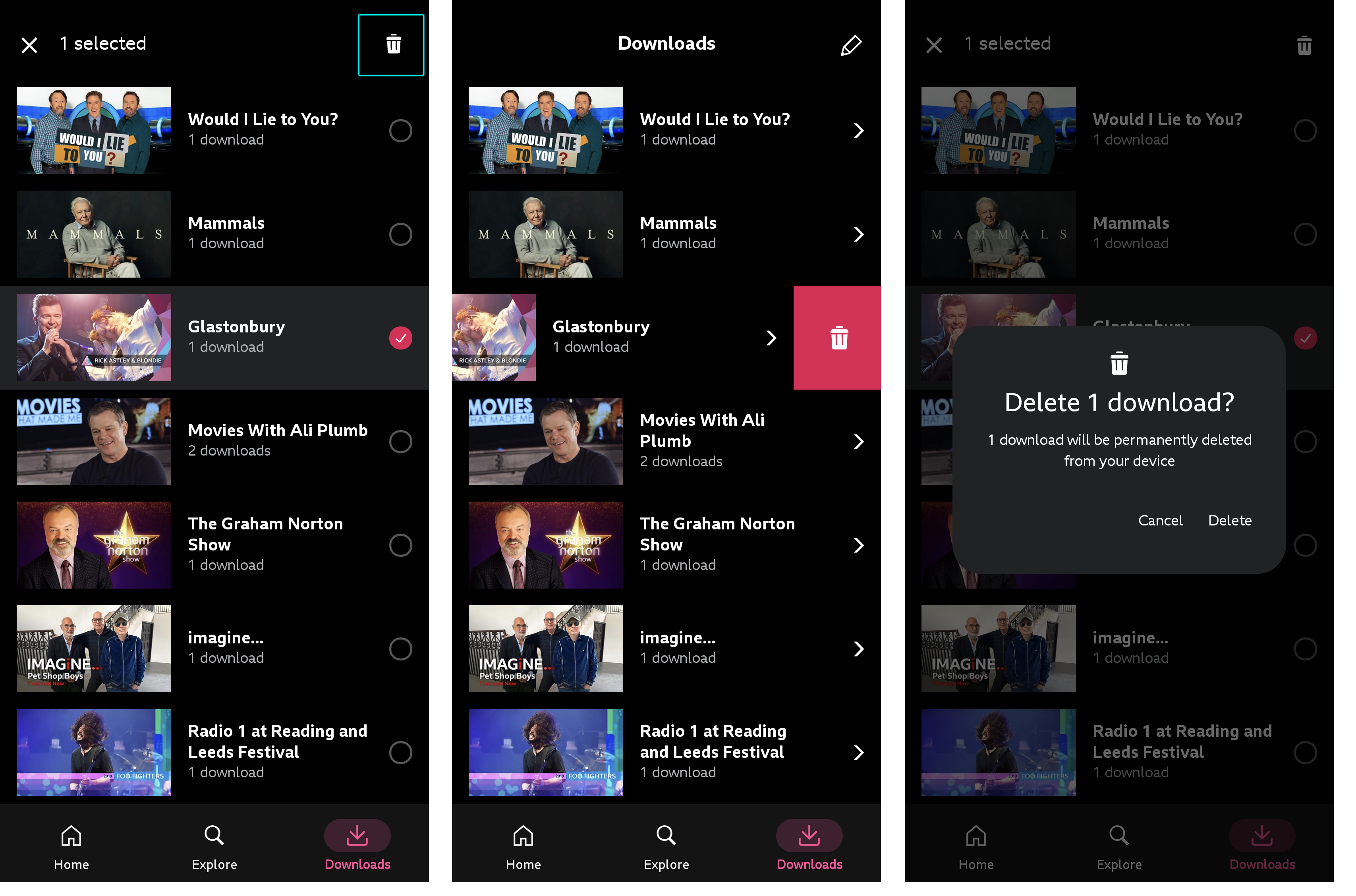 Three images from the BBC iPlayer mobile app. The first shows the download screen with the 'edit' button highlighted with episodes selected ready for deletion. The second shows an episode being deleted by swiping left, and the third shows the confirmation of deletion screen.