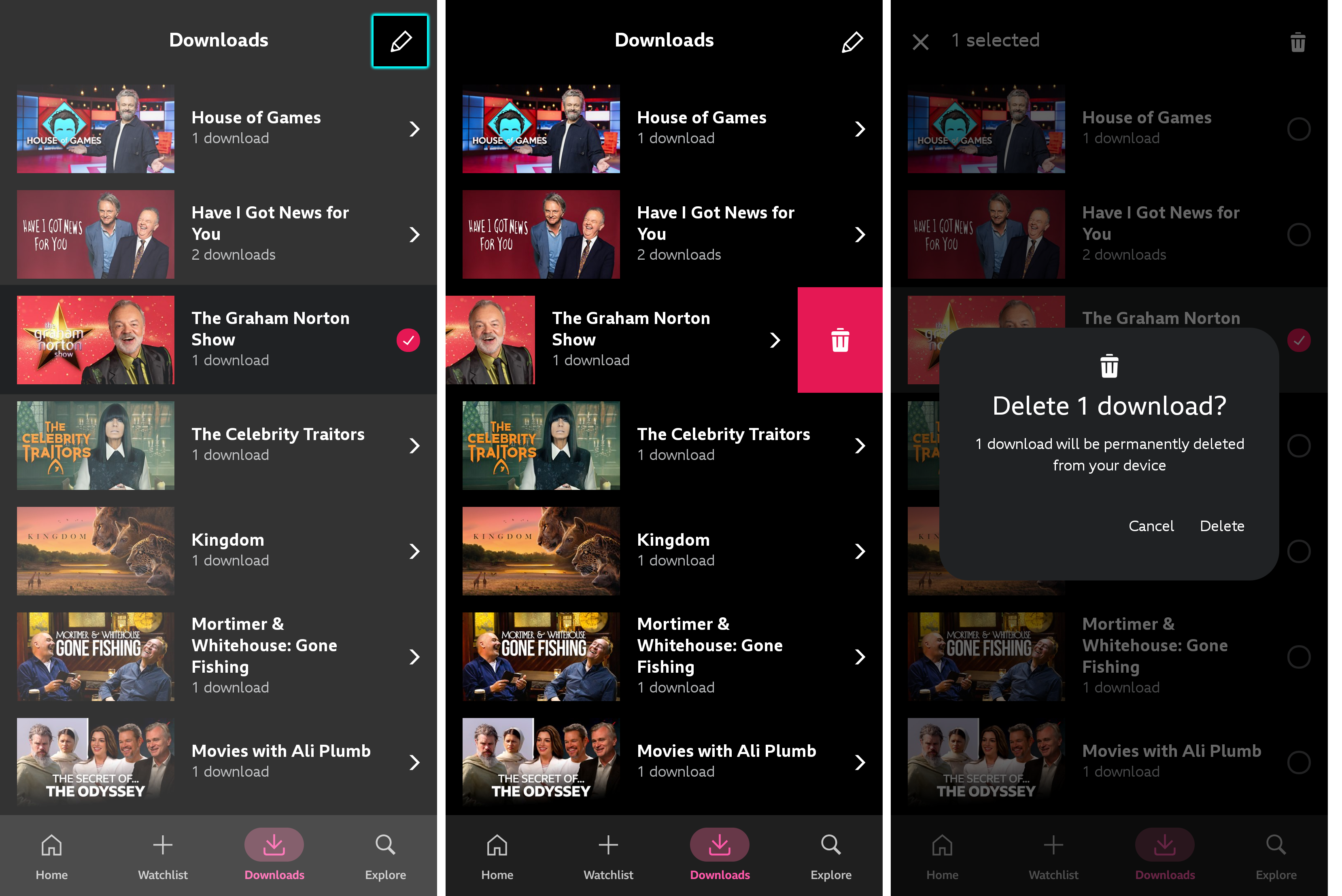 Three images from the BBC iPlayer mobile app showing how to delete a download