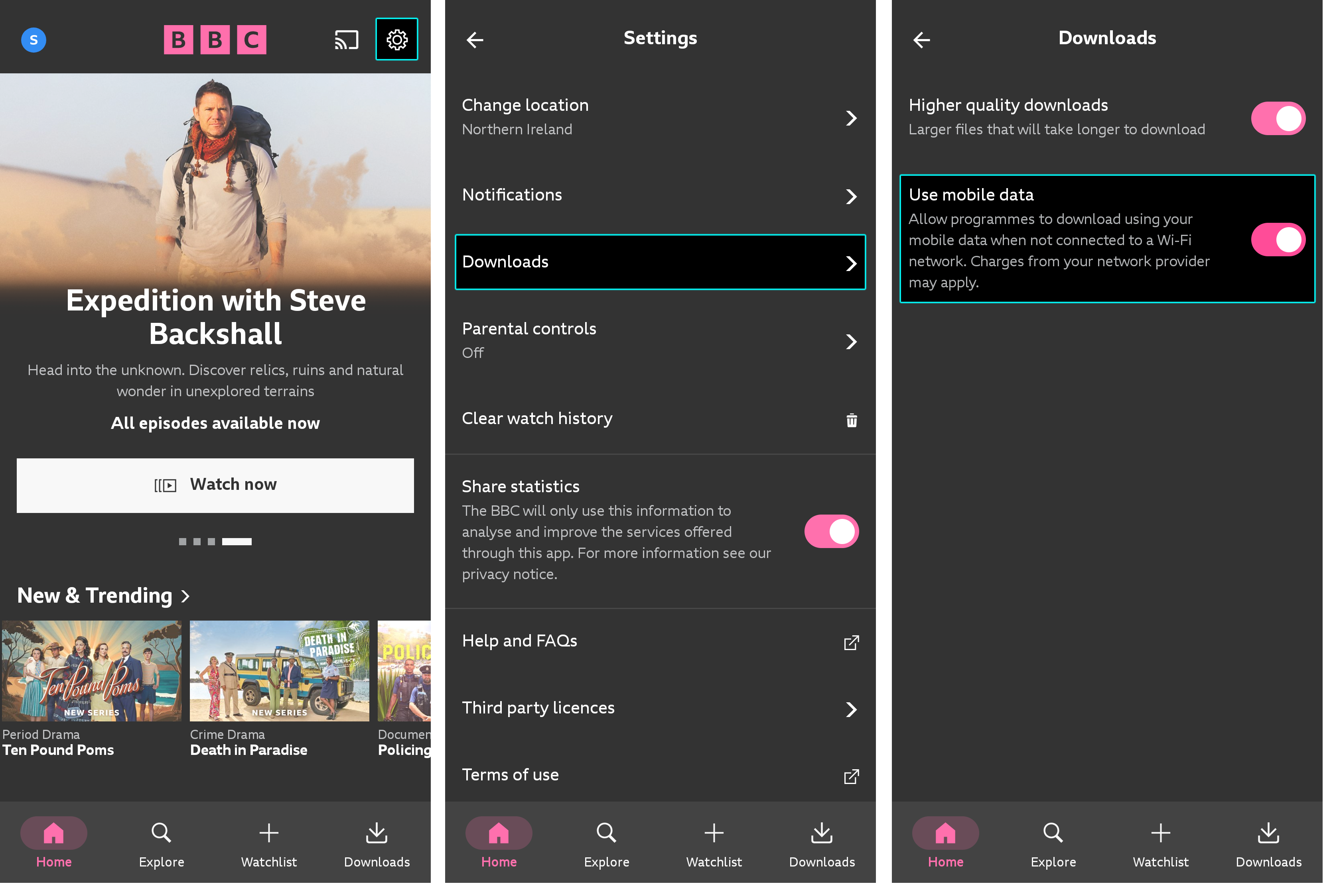 Three images of the iPlayer app. The first is of the homescreen with the Settings icon highlighted on the top right. The second is the Settings menu with the Downloads option highlighted and the third is of the Downloads menu with the mobile networks option highlighted and toggled 'on'