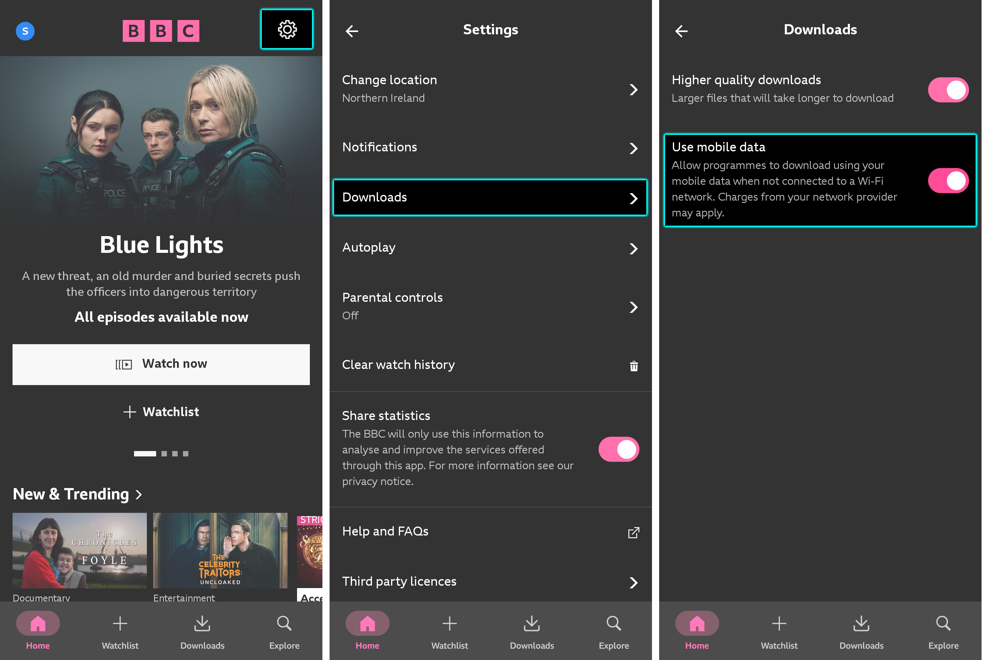 Three images from the BBC iPlayer mobile app. The first highlights the Settings icon on the homepage. The second shows the Settings menu with the Downloads option highlighted. The third shows the Downloads menu with the 'Use mobile data' option highlighted.