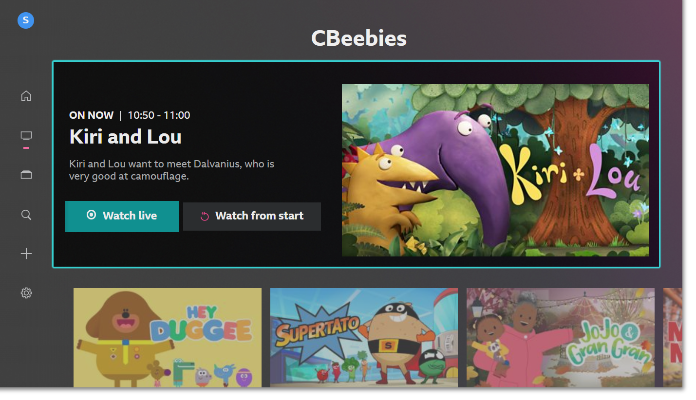 Image showing the channel page on the iPlayer TV app with the options to Watch Live or Watch from the Start highlighted