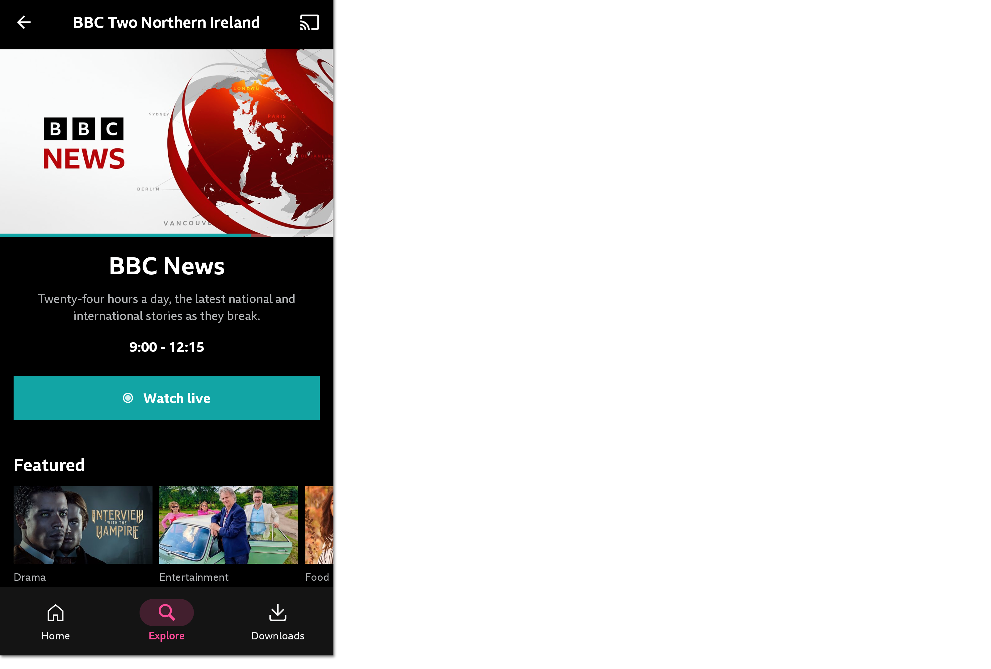 Screenshot of the BBC One channel page on the mobile app with the 'Watch live' button visible underneath