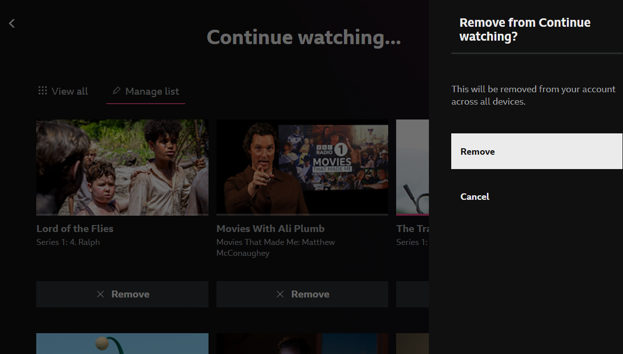 Image showing the 'Remove from Continue watching?' prompt on the Continue watching page of the iPlayer TV app