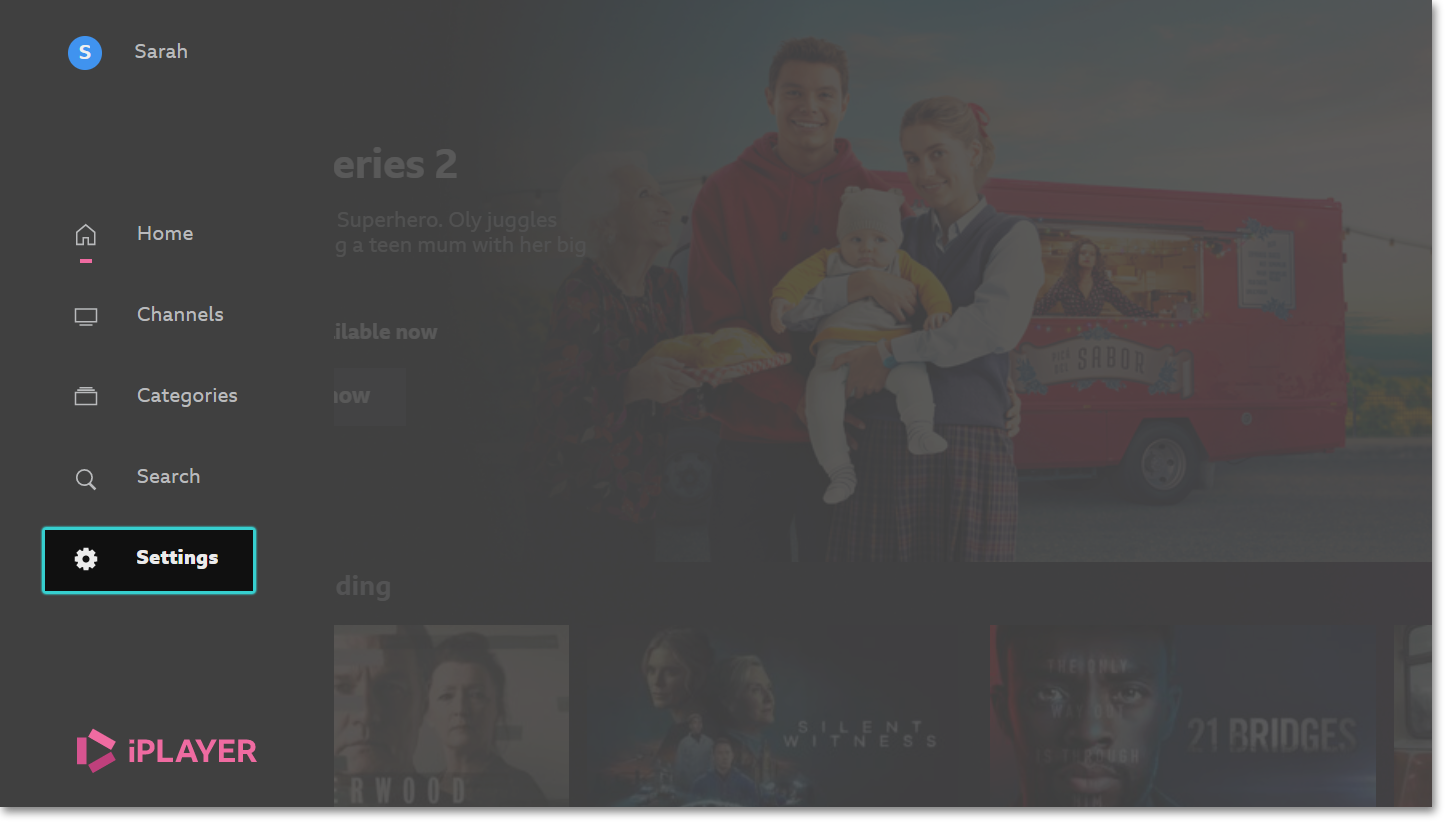Image of the iPlayer TV app with the Settings icon highlighted on the left hand side