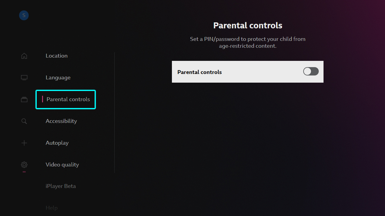 Image of the parental controls menu on the iPlayer TV app. The toggle is switched off