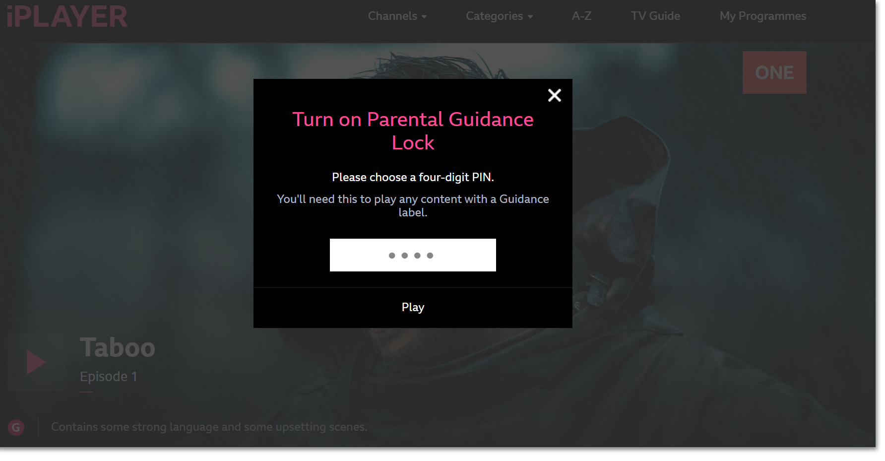 Image of the Parental Guidance screen when a PIN is being set up. The numbers appear as grey dots for security