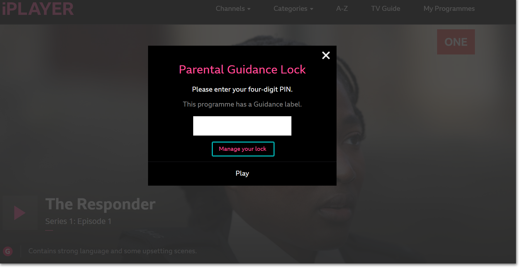 Image of the Parental Guidance PIN request screen with 'Manage Parental Guidance' highlighted underneath