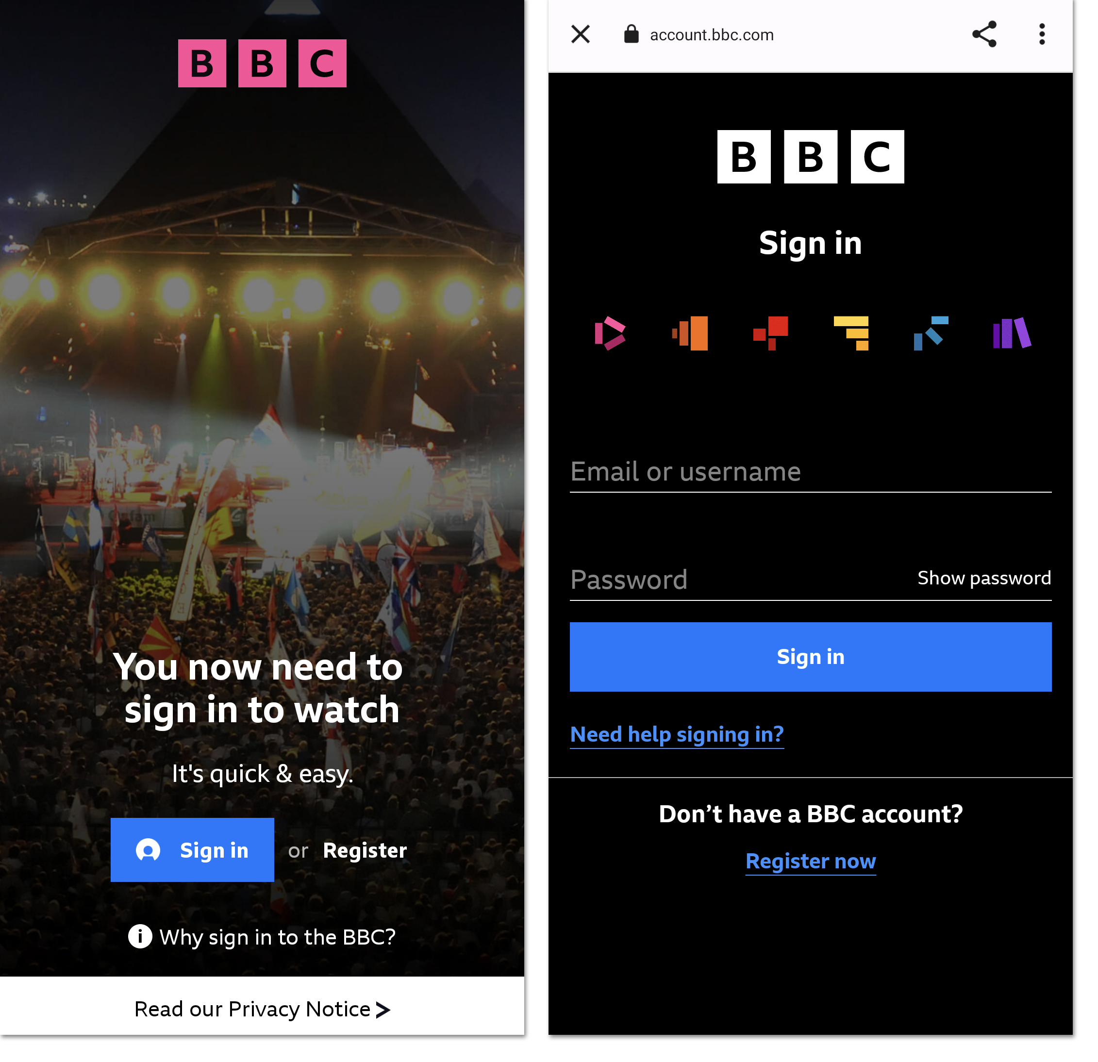 Two screenshots of the BBC iPlayer mobile/tablet app. The first shows the sign in screen, and the second shows the BBC account screen asking for email and password