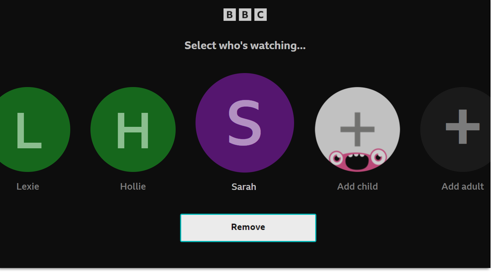 Screenshot of the 'Select who's watching...' page on the BBC iPlayer TV app. The 'Remove' button is highlighted beneath the chosen account