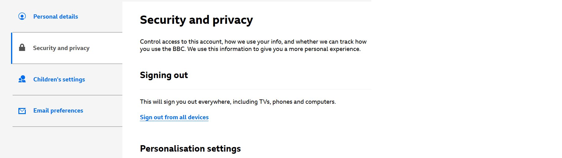 Image of the account settings page on the website. The Security and privacy tab is selected and the remote sign out link is showing