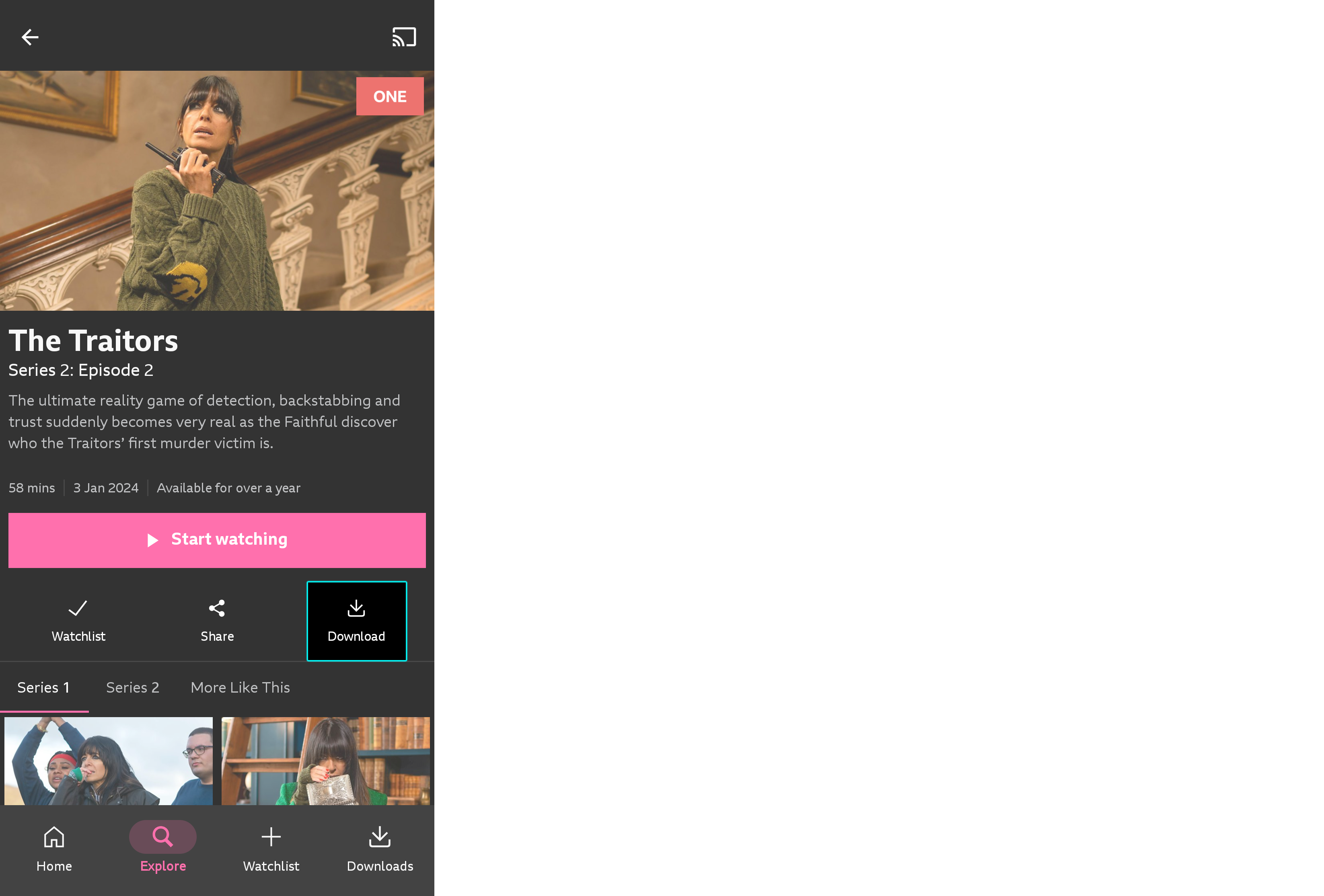 Image of a programme page from the mobile app with the download option highlighted