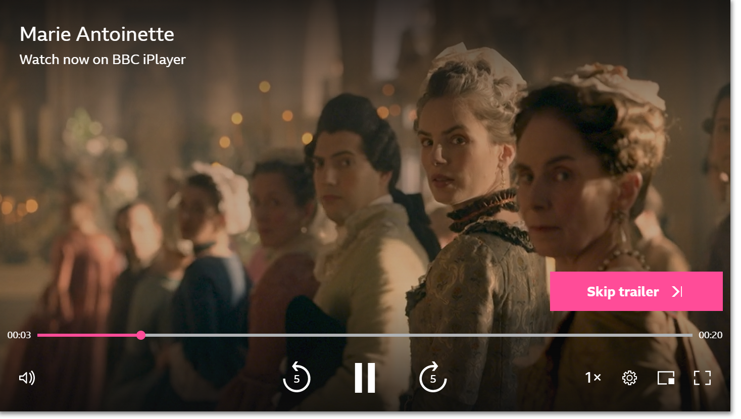 Image of the trailer playback screen on the iPlayer website. The Skip trailer button and navigation tools are visible