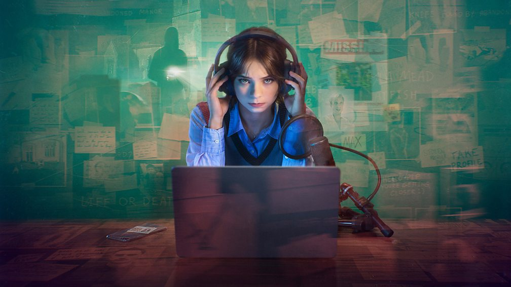 Promotional image for A Good Girl's guide to Murder featuring a woman sitting at a desk with headphones, a microphone and laptop. Behind her is a wall filled with case notes for a missing person with the silhouette of someone with a torch