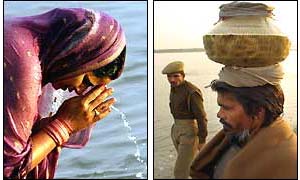 A Hindu woman prays at the River Saryu and a pilgrim carries holy water