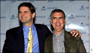 AOL's Steve Case, left, and Time Warner's Gerald Levin at the time of the merger announcement