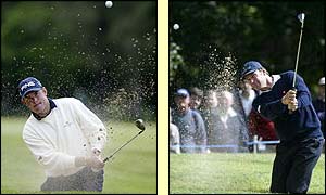 Lee Westwood chips out of the bunker at the sixth hole while Nick Faldo struggles at the ninth