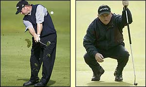 Wales' Ian Woosnam chips at the 12th (left) and lines up a putt at the 10th