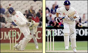 Marcus Trescothick (left) dodges a bouncer and Michael Vaughan takes a quick single