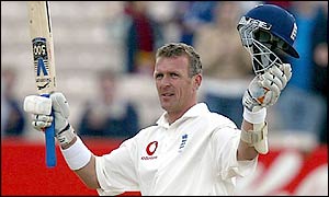 Alec Stewart celebrates his century