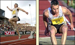 Jonathan Edwards wins the triple jump with a leap of 17.51m at the Bislett Stadium