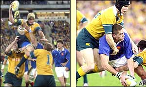 Justin Harrison (left) wins the line-out, and Tony Marsh retrieves the ball for France