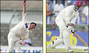 New Zealand bowler Shane Bond claimed the wicket of Wavell Hinds (left) but Chris Gayle remains on 23