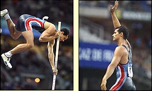 Frenchman Romain Mesnil celebrates after winning the pole vault event 