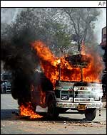 A bus on fire in Gujarat