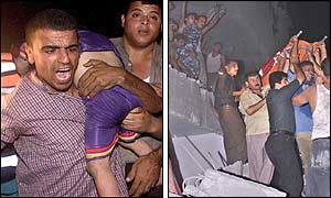 Left picture: A Palestinian rescuer carries the body of a dead son of Sheik Salah Shedada, found in the rubble of destroyed houses. Right picture: Palestinian rescuers carry a dead child ( Photo: AP)
