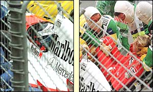 After an horrific crash at the end of season Australian GP Hakkinen emerged from a coma and battled back from serious injury to race the following year
