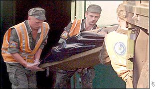 Rescue workers put a stretcher with a miner's body on a lorry at the entrance to the Zasiadko mine
