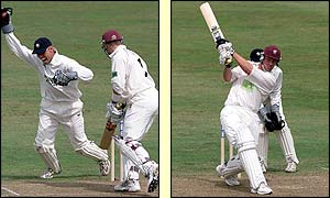 Jamie Cox edges an outswinger to Kent keeper Paul Nixon while Ian Blackwell goes on the offensive 