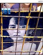 Poster of Aung San Suu Kyi on a fence