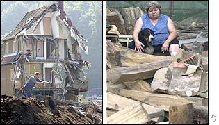Left picture: A man cleans away the dirty remains ot the floods in front of a damaged house in Weesenstein, Germany. AP. Right picture: A woman and her dog rest near debris her house near Prague. AP