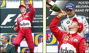 Schumacher celebrates his 10th win of the season in Spa, a tally which sets a new record for wins in a season