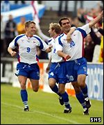 John Petersen celebrates putting the Faroes ahead