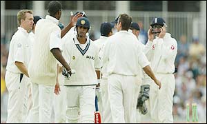 Dravid leaves the crease after a knock of 217
