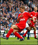 Michael Owen scores for Liverpool at Man City