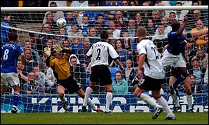 Everton's Kevin Campbell scores in the 2-0 win over Fulham