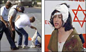 Left: a police officers looks at the remains of the suicide bomber - Right: an Israeli woman soldier was among the wounded