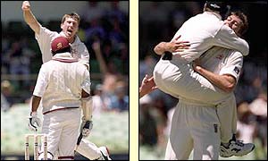 Glenn McGrath celebrates the wicket of Brian Lara on his way to a hat-trick in 2000