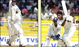 Wavel Hinds is dismissed lbw by Kumble before Ramnaresh Sarwan is bowled by Javagal Srinath