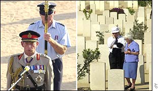 Britain's Duke of Kent giving a speech and couple viewing graves in the British cemetery