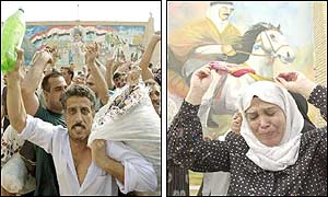 Iraqi prisoners (left) and their relatives chant Hussein's name and dance. (AFP/AP)