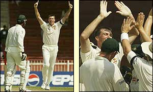 Australia fast bowler Glenn McGrath claims the wicket of Waqar Younis - his 400th Test wicket