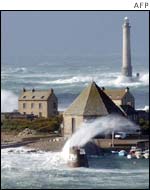Waves batter northern French port of Auderville 